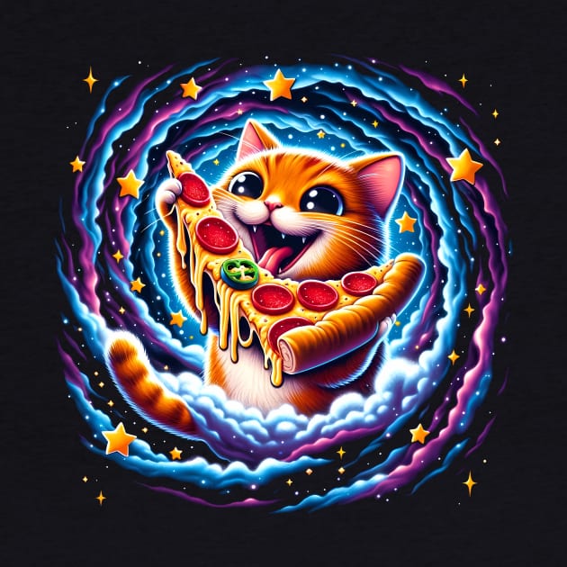 Funny Orange Cat eating Pizza in Space by dukito